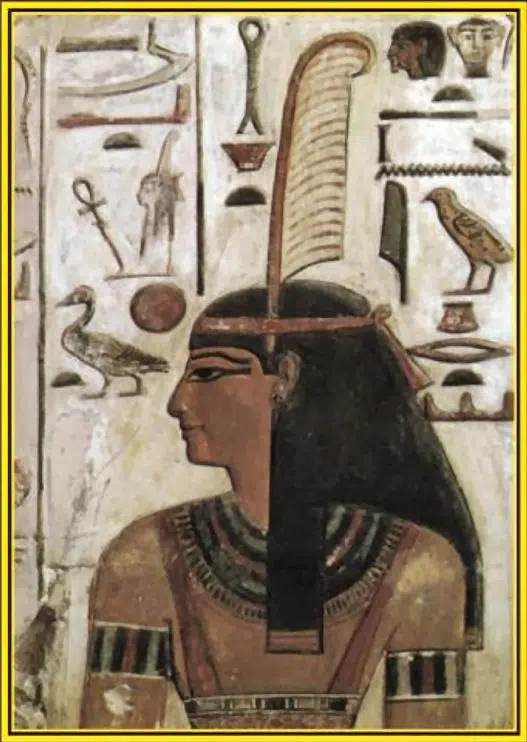 Die ägyptische Göttin der Weisheit, Wahrheit und Gerechtigkeit - Ma'at erkennt man an einer Feder auf ihrem Kopf. 