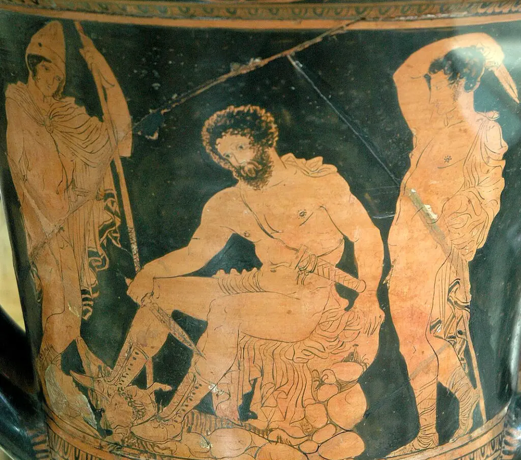 Odysseus (Mitte) spricht mit Teiresias (nahe des linken Fußes von Odysseus)  