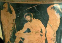 Odysseus (Mitte) spricht mit Teiresias (nahe des linken Fußes von Odysseus)