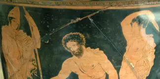 Odysseus (Mitte) spricht mit Teiresias (nahe des linken Fußes von Odysseus)