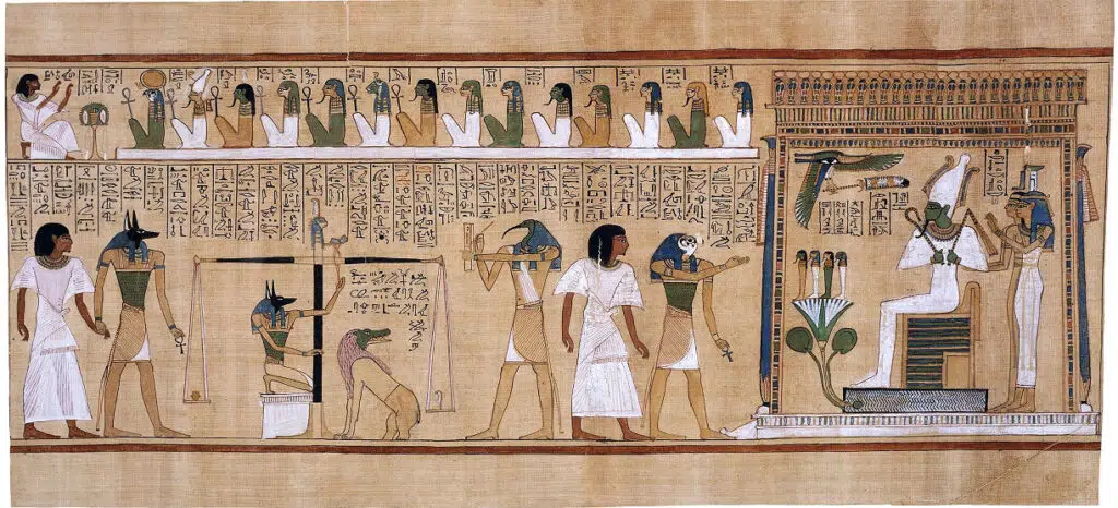 Papyrus, welches das Totengericht der alten Ägypter zeigt. Rechts auf dem Thron sitzt Osiris - der weise und gütige Gott des Totenreiches. 
