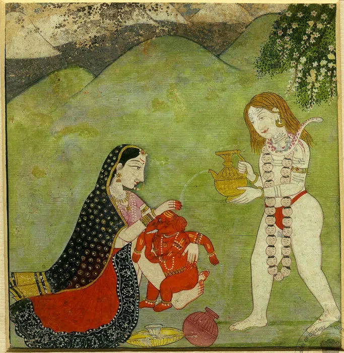 Parvati und Shiva baden ihren kleinen Sohn Ganesha.