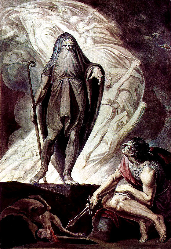 Das ganze Gemälde von Füsslin, hier ist auch zu sehen, wie Odysseus den weisen Seher im Totenreich befragt. 