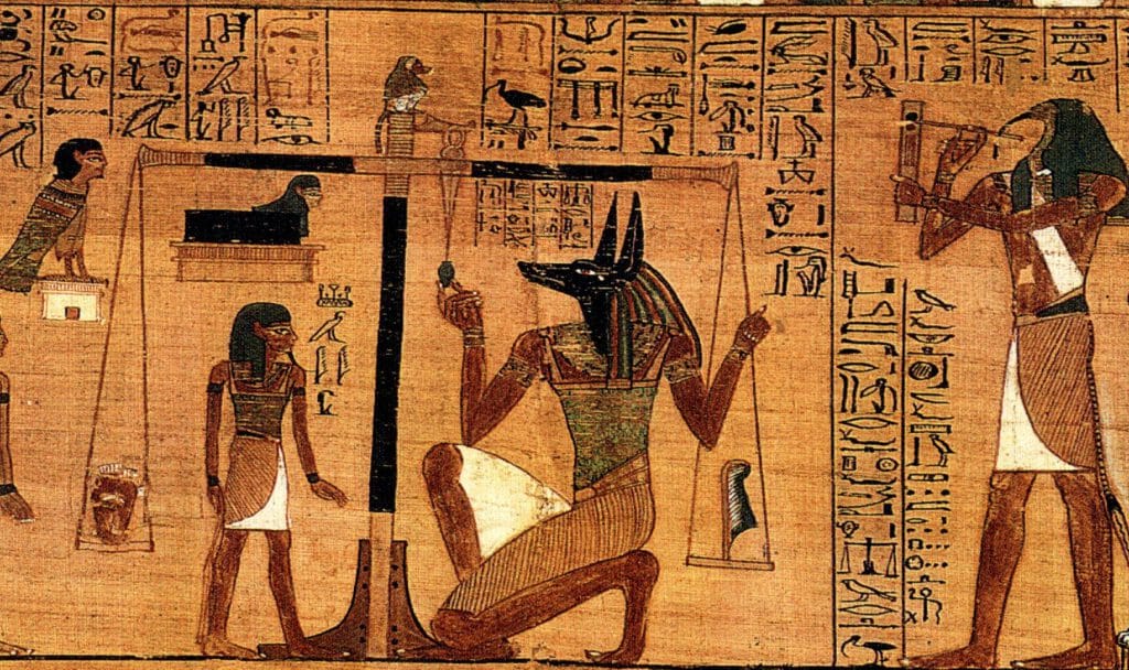 Der Gott Thot (ganz rechts) als Vermittler zwischen den Göttern und den Menschen. Als Vermittler nimmt er, oft zusammen mit Ma'at (Feder auf der rechten Waagschale), an den Totengerichten teil.  