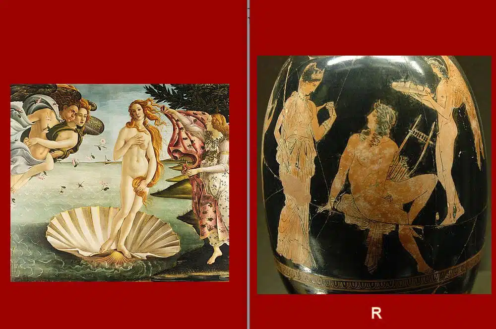 Götter-Orakel: Jede der 21 Karten hat einen Titel, samt einer farbig gerahmten Vorderseite und einer gleichfarbigen Rückseite. Diese hier hat den Titel "Aphrodite".