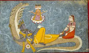 Vishnu im Urmeer mit Brahma - aus seinem Bauchnabel 