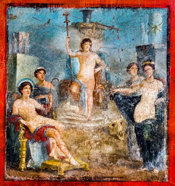 Der Gott Dionysos auf dem Thron mit Helios und Aphrodite. 
