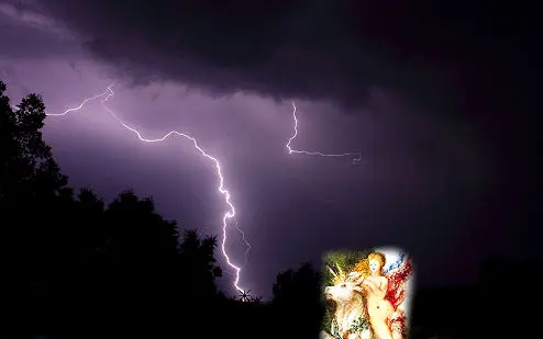 Zeus spricht mit Blitz und Donner
