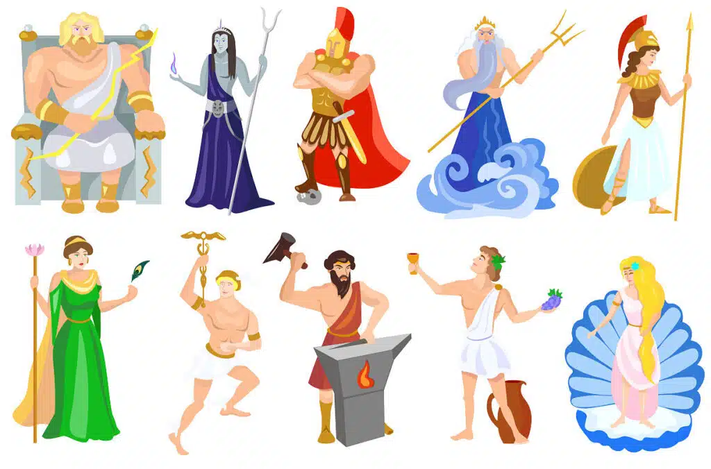 Hera (links unten), dann im Uhrzeigersinn: Zeus, Persephone, Ares, Neptun, Athena, Aphrodite, Dionysos, Hephaistos und Hermes. 