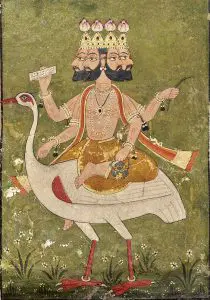 der indische Gott Brahma auf seinem Reittier, der Gans