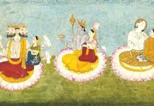 Indische Götter: Trimurti: Brahma, Vishnu und Shiva mit ihren göttlichen Gemahlinnen.