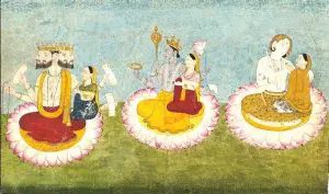 Indische Götter: Trimurti: Brahma, Vishnu und Shiva mit ihren göttlichen Gemahlinnen.