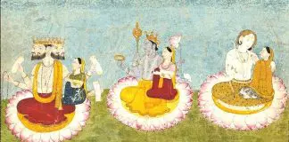 Indische Götter: Trimurti: Brahma, Vishnu und Shiva mit ihren göttlichen Gemahlinnen.