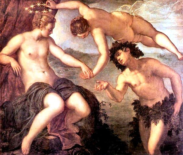 Ariadne und Dionysos Hochzeit, die Göttin Aphrodite setzt der Braut die Krone auf. 