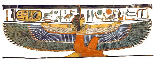 Ma'at sorgt für das Zusammenwirken des Ganzen.
Ma'at, die ägyptische Göttin mit der Feder und den ausgebreiteten Flügeln sorgt mit den Göttern und Menschen - ausgleichend - für das Ganze.