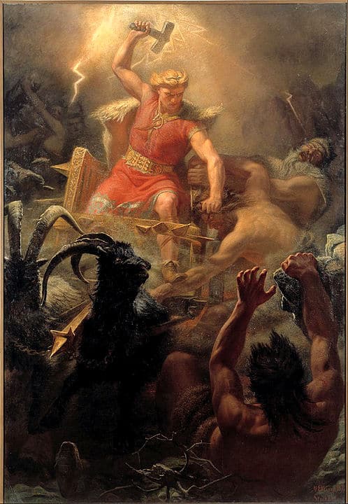 Der stärkste germanische Gott ist Thor, Sohn von Odin, hier mit seinem magischen Hammer Mjölnir.