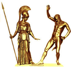 Griechische Göttin der Weisheit Athene mit einem Satyr.