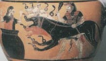 Griechischer Gott der Unterwelt Hades mit Kerebos, dem Höllenhund