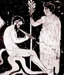 Der Sonnengott Apollon und Marsias beim Wettstreit um die schönste Musik.