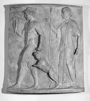 Die Göttin des Herdfeuers mit Stab vor ihr: Hermes mit Ziegenbock